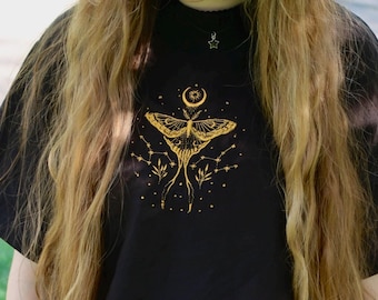 Embroidered Celestial Moth T-Shirt, Heavyweight 100% Cotton Graphic T, Relaxed Fit Top