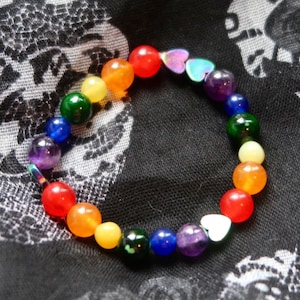 Rainbow Pride Flag Heart Beaded Gemstone Bracelet, Stretchy Beaded Bracelet, LGBTQ Bracelet, Pride Gifts, Coming Out Gifts