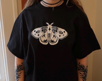 Heavyweight Handprinted Moth Shirt, 100% Cotton Insect Graphic T-Shirt, Emperor Moth Top