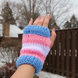 Transgender Pride Flag Knit Fingerless Gloves, Pride Knit Hand Warmers, Double Layer Knit Gloves, Transgender Gift, Coming Out Gift image 2