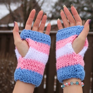 Transgender Pride Flag Knit Fingerless Gloves, Pride Knit Hand Warmers, Double Layer Knit Gloves, Transgender Gift, Coming Out Gift image 6