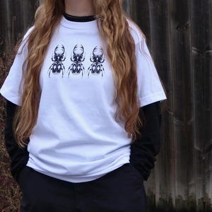 Black/White Handprinted Triple Stag Beetle Shirt, 100% Cotton Heavyweight Insect Graphic T-Shirt image 7