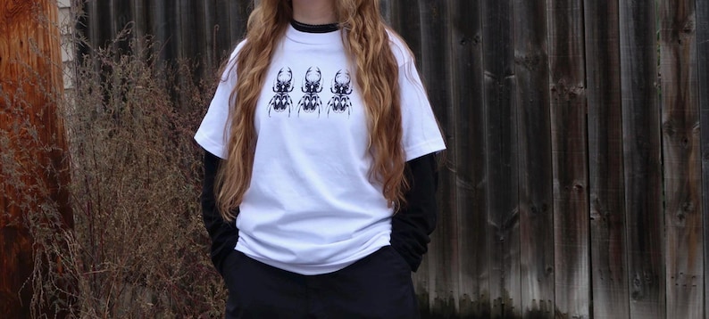 Black/White Handprinted Triple Stag Beetle Shirt, 100% Cotton Heavyweight Insect Graphic T-Shirt image 7