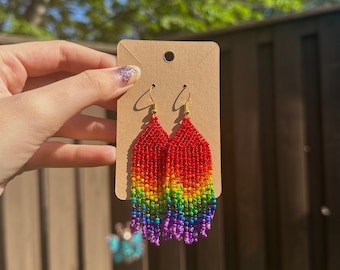 Rainbow Fringe Earrings, Pride Flag Beaded Earrings, Colorful Jewelry, Lightweight Earrings (Pierced or Clip-On)