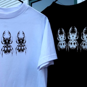 Black/White Handprinted Triple Stag Beetle Shirt, 100% Cotton Heavyweight Insect Graphic T-Shirt