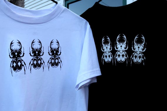 Black/White Handprinted Triple Stag Beetle Shirt, 100% Cotton Heavyweight Insect Graphic T-Shirt