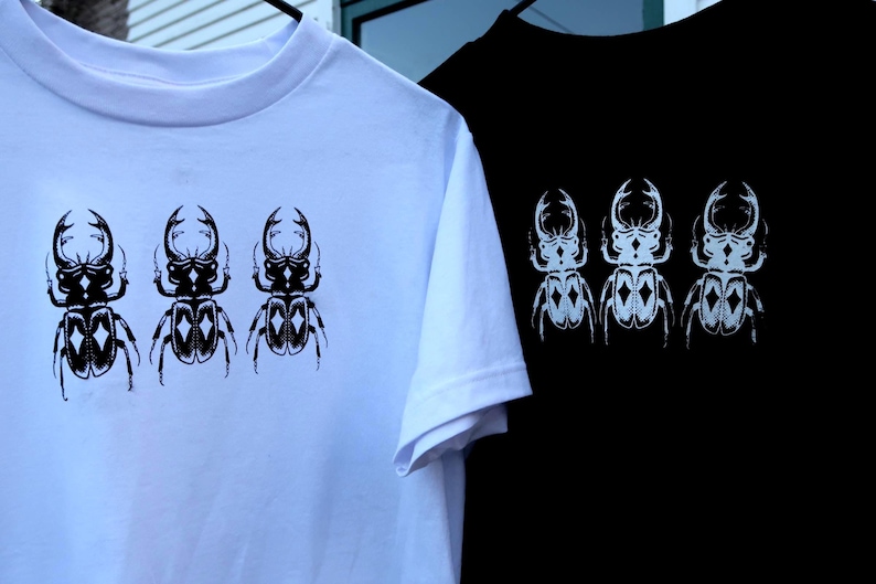 Black/White Handprinted Triple Stag Beetle Shirt, 100% Cotton Heavyweight Insect Graphic T-Shirt