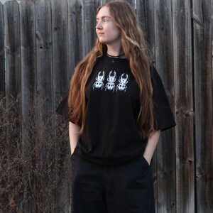Black/White Handprinted Triple Stag Beetle Shirt, 100% Cotton Heavyweight Insect Graphic T-Shirt image 2