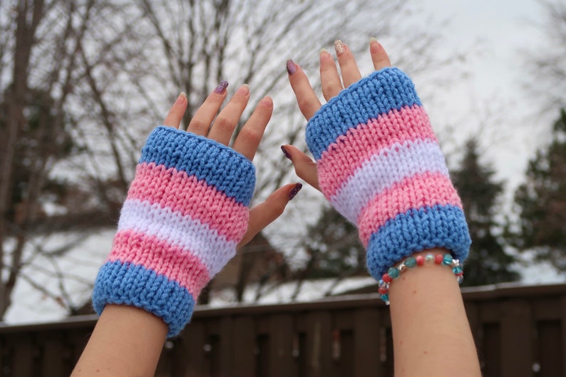Transgender Pride Flag Knit Fingerless Gloves, Pride Knit Hand Warmers, Double Layer Knit Gloves, Transgender Gift, Coming Out Gift image 5