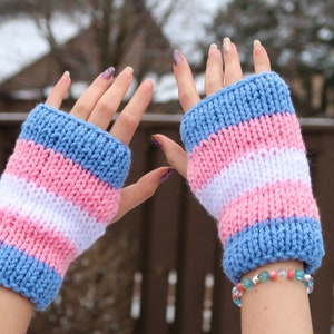 Transgender Pride Flag Knit Fingerless Gloves, Pride Knit Hand Warmers, Double Layer Knit Gloves, Transgender Gift, Coming Out Gift image 4
