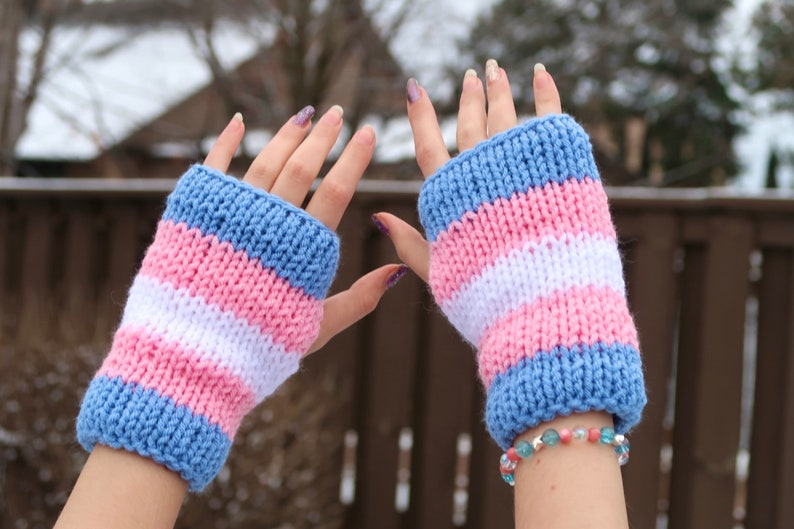 Transgender Pride Flag Knit Fingerless Gloves, Pride Knit Hand Warmers, Double Layer Knit Gloves, Transgender Gift, Coming Out Gift image 4