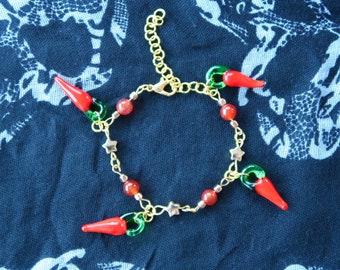 Gold Y2k Charm Bracelet, Hot Chili Pepper Bracelet, Chain Beaded Bracelet, Shooting Star Bracelet, Red Gemstone Adjustable Bracelet