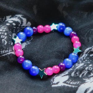 Bisexual Bracelet, Bi Pride Gemstone LGBTQ Coming Out Gift, Star Beaded Stretchy Bracelet