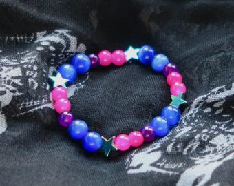 Bisexual Bracelet, Bi Pride Gemstone LGBTQ Coming Out Gift, Star Beaded Stretchy Bracelet