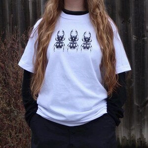 Black/White Handprinted Triple Stag Beetle Shirt, 100% Cotton Heavyweight Insect Graphic T-Shirt image 4