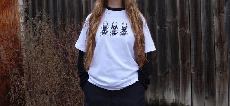 Black/White Handprinted Triple Stag Beetle Shirt, 100% Cotton Heavyweight Insect Graphic T-Shirt image 4