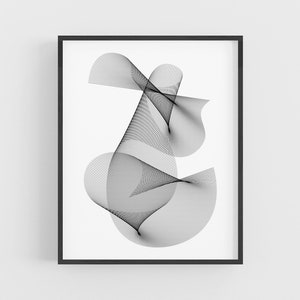 May include: Black and white abstract line art print in a black frame. The lines are arranged in a swirling pattern, creating a sense of movement and energy.