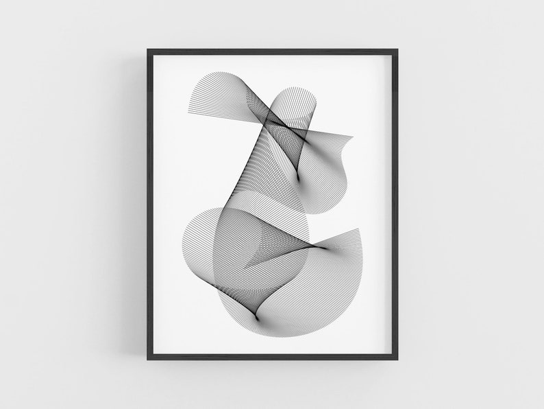 May include: Black and white abstract line art print in a black frame. The lines are arranged in a swirling pattern, creating a sense of movement and energy.