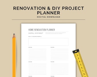 Può includere: Un planner di ristrutturazione domestica stampabile con un design in bianco e nero. Il planner include sezioni per la valutazione generale, multi-stanza/generale e stanze individuali. Il testo "HOME RENOVATION PLANNER" è in cima alla pagina.