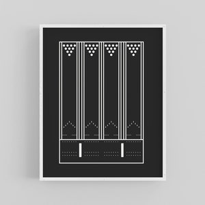 May include: Black and white illustration of a bowling alley score board with a white frame. The score board shows a series of pins and a score of 100.