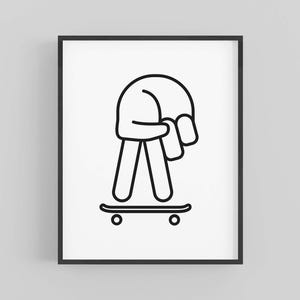 Könnte beinhalten: Schwarz-weiß gerahmter Kunstdruck. Das Kunstwerk ist eine minimalistische Illustration einer Hand in einer Skateboard-Pose. Die Finger der Hand bilden eine Person auf einem Skateboard. Das Skateboard hat zwei Räder. Die Kunst befindet sich auf weißem Hintergrund, schwarz gerahmt.