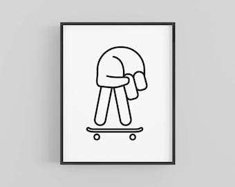 May include: Black and white framed art print featuring a minimalist illustration of a hand in a skateboarding pose. The artwork depicts a hand with fingers forming the shape of a person on a skateboard. The skateboard has two wheels. The art is on a white background.