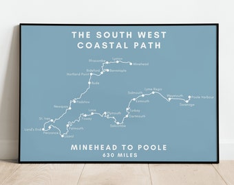 The South West Coastal Path Route Print | Somerset, Devon, Cornwall and Dorset | Map Print