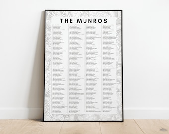 Munro Bagging Print | Scotland Highlands Mountain Tick List | Topographic Print | Grahams, Corbetts and Donalds Print