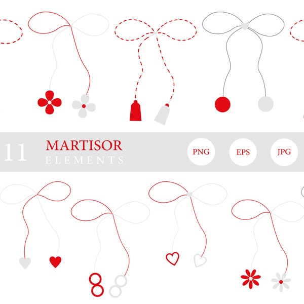 11 éléments Martisor, ensemble Martisor numérique, bannière du 1er mars, clipart Martisor, décoration Martisor pour boîtes, cartes, sacs ou textiles