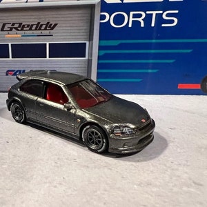 Hot wheels custom Honda civic EK9 gunmetal with real rider swap.