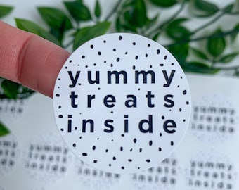 X35 “yummy treats inside” stickers, postage stickers, packaging sticker, sticker sheet, recyclable, spotty, biscuit box, dog cat treat, food