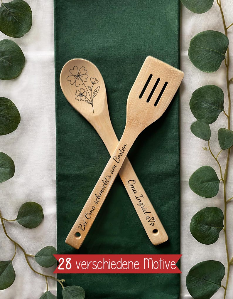 Personalized wooden cooking spoon and spatula as a gift idea for grandma and grandpa image 1