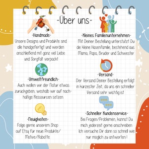May include: A colorful illustration with text describing a small family business that makes handmade products. The text includes information about their products, shipping, customer service, and environmental practices. The illustration features a sewing machine, a family of rabbits, a globe, a light bulb, and a clock.