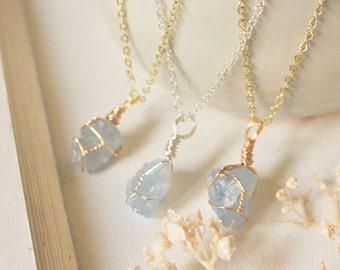 Celestite necklace, dainty 14k silver plated necklace, crystal necklaces, crystal necklace, blue crystal, handmade crystal necklace