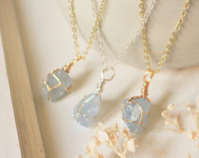 Raw celestite crystal necklace, wire wrapped gemstone pendant, celestite crystal blue healing calm gemstone, handmade jewelry, gift for her