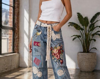 Vintage, Patched Jeans, Vintage Embellished, Boyfriend Style, Flowers, Birds, Crocheted Doilies Cottagecore