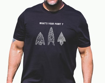 May include: A black t-shirt with a white graphic of three arrowheads and the text "What's your point?"