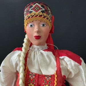 Russian Doll in Russian Costume, Handmade, Porcelain & Fabric, Hand Painted, 19.7 Inches Tall, Blonde Braid, Red Dress, Galina Maslennikova