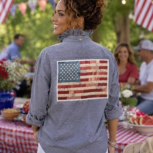 USA Patriotic Upcycled Women’s Denim Oxford Cloth Shirt • Ruffled Collar • American Flag Back Patch