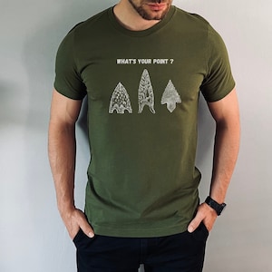 Könnte beinhalten: Ein grünes T-Shirt mit einer weißen Grafik von drei Pfeilspitzen und dem Text "What's your point?"