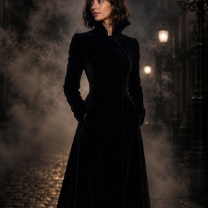 May include: A full-length black velvet coat with a high collar and long sleeves. The coat is buttoned up and has pockets. The person is standing on a cobbled street with streetlights in the background, and a misty atmosphere.