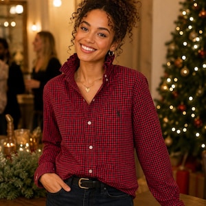 Återvunnen Ralph Lauren-topp • Utsmyckad • Cottagecore • Röd & svart buffelpläd • Damstorlek Medium