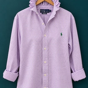 Upcycled Ralph Lauren Purple Gingham Ruffle Collar Shirt, 100% Cotton, Women's Large, Handmade Sewn