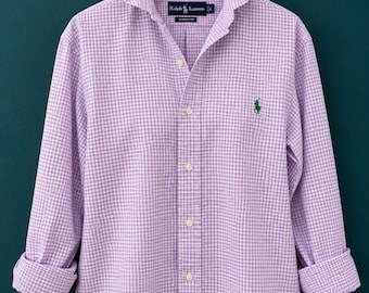 Upgecyceltes Ralph Lauren Hemd mit lila Vichy-Karo und Rüschenkragen, 100 % Baumwolle, Damengröße L, handgenäht