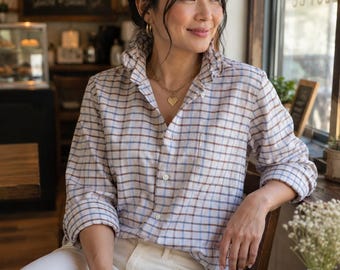 Upcycled Plaid Ruffled Blouse • Nautica Fall Top • Beige Blue Brown Shirt • Small‑Town Autumn Style
