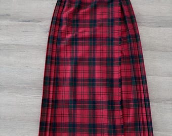 Vintage Wool Kilt, by Angus Young of Edinburgh Scotland, Women's Maxi Skirt, 100% Wool, Red Tartan Plaid, Leather Straps with Buckles
