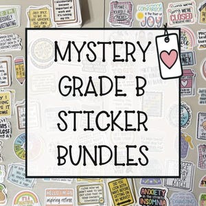 May include: A collection of assorted rectangular and shaped vinyl stickers featuring various humorous and motivational quotes, displayed with a central white overlay containing the black text MYSTERY GRADE B STICKER BUNDLES and a white tag with a pink heart.