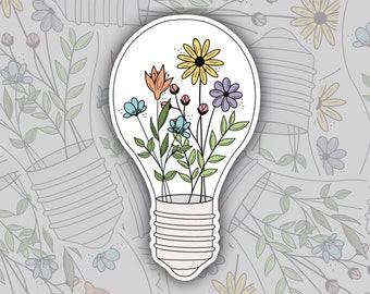 Floral Light Bulb Sticker, Aesthetic Botanical Sticker for Water Bottle, Laptop, Bouquet Flower Decal Label, Lightbulb Garden Sticker