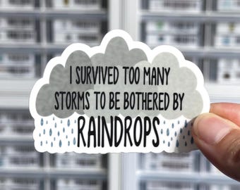 I Survived Too Many Storms To Be Bothered By Raindrops Sticker, Motivational Mental Health Decal, Strong Women Resilience Label, Inspiration