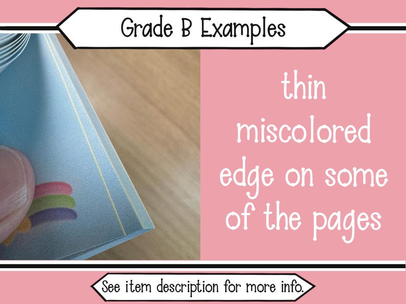 May include: A stack of paper pages with a thin miscolored edge on some of the pages. The text Grade B Examples is at the top, and the text thin miscolored edge on some of the pages is on the right. See item description for more info is at the bottom.